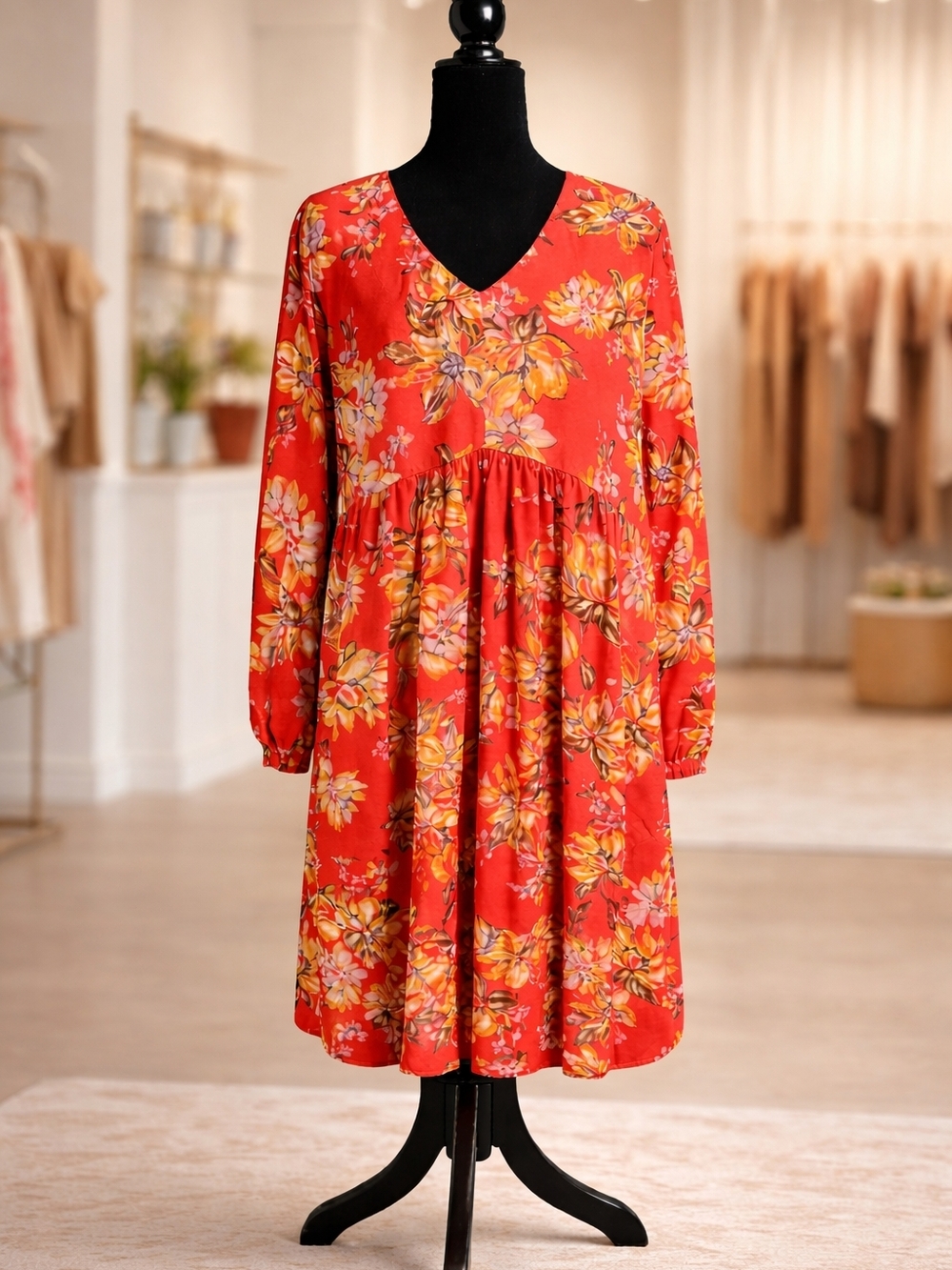 Rust Colored Floral V-Neck Long-Sleeve Dress